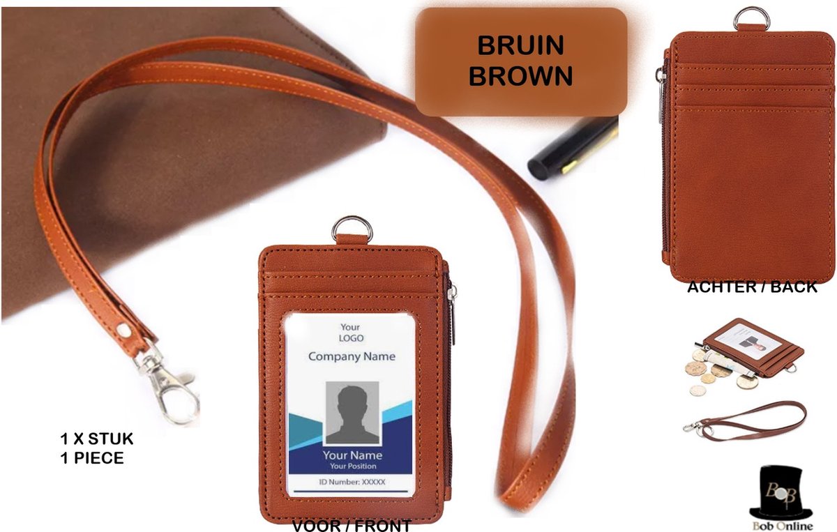 Bob Online ™ - Setje - 1 Stuk – Bruin - Verticale ID- Badgehouder met PU-leer Lanyard – ID- Badgehouder met ritssluiting – 5 Kaartsleuven – 48 cm Nekkoord – Multifunctioneel ID- Kaarthouder – Vertical PU Leather ID Badge Holder + PU Leather Lanyard