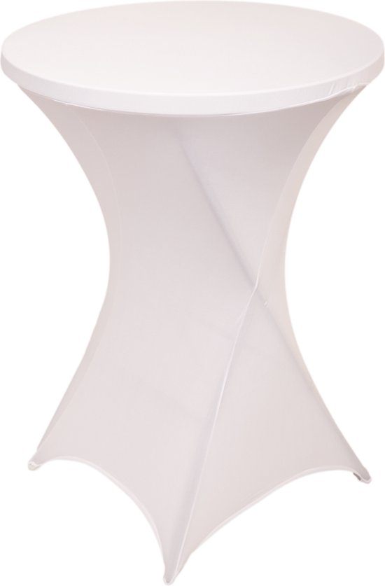 Witte stretch statafelrok voor een ronde statafel, strak en modern design.