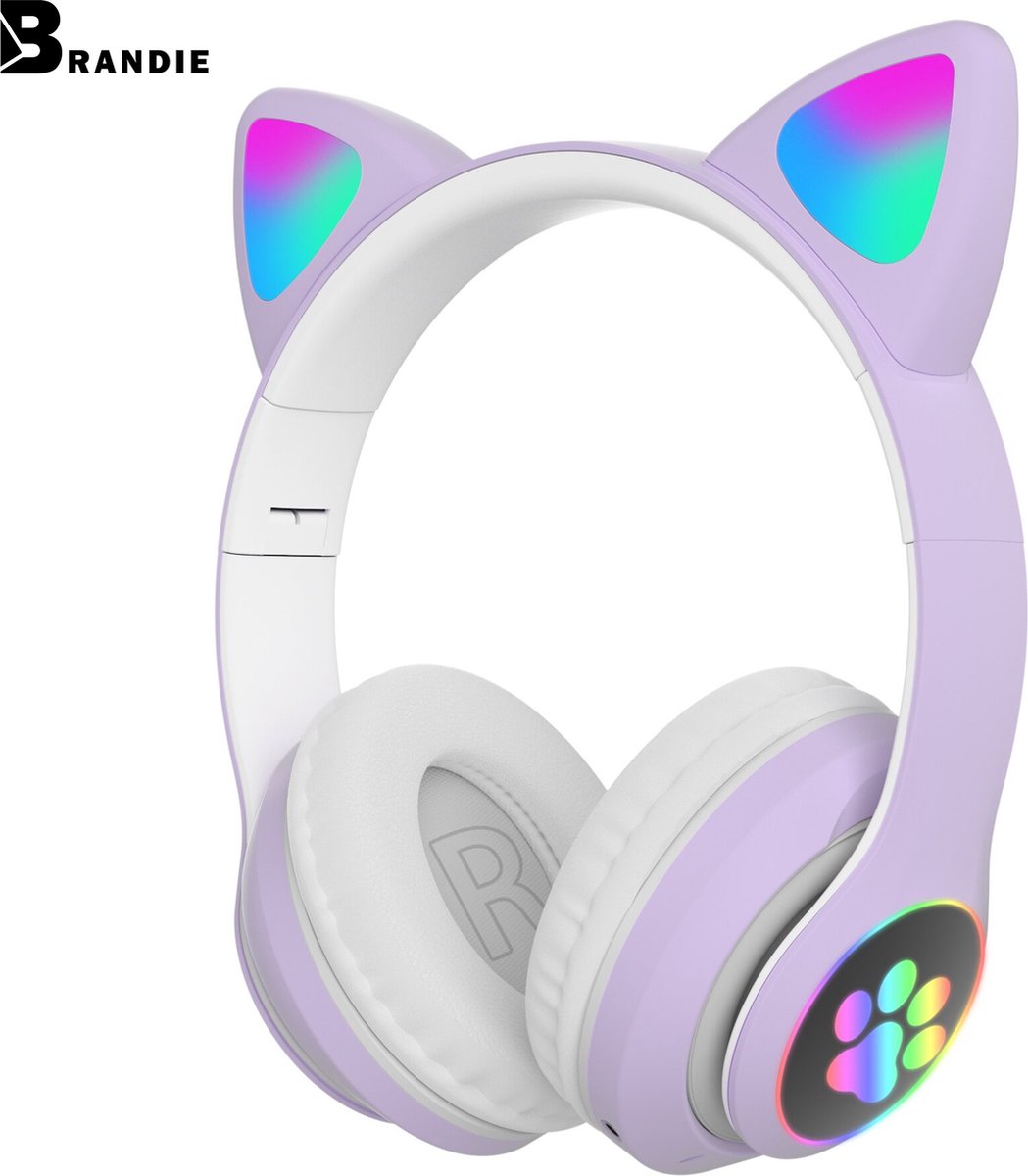 Brandie® - Koptelefoon Voor Kinderen - Headphones Draadloos - Kinder Gamer Cadeau - Muziek Helm - Gevoeligheid 110 dB - LED Bluetooth Voor Meisjes - Met Bedrade - Bereik 32 Ω - FM Functie - Paars