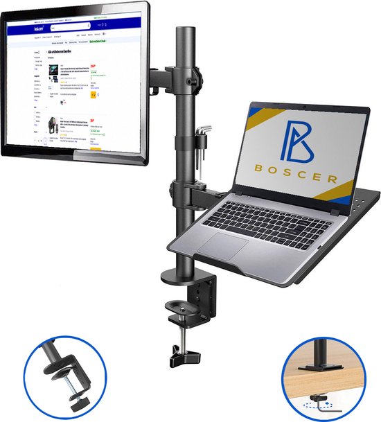 Boscer Monitor Arm - Laptop & Monitor Houder - 2 Schermen - 13 tot 32 Inch - Full Motion Monitor arm - Beeldscherm Statief - Monitor Beugel - Zwart Staal