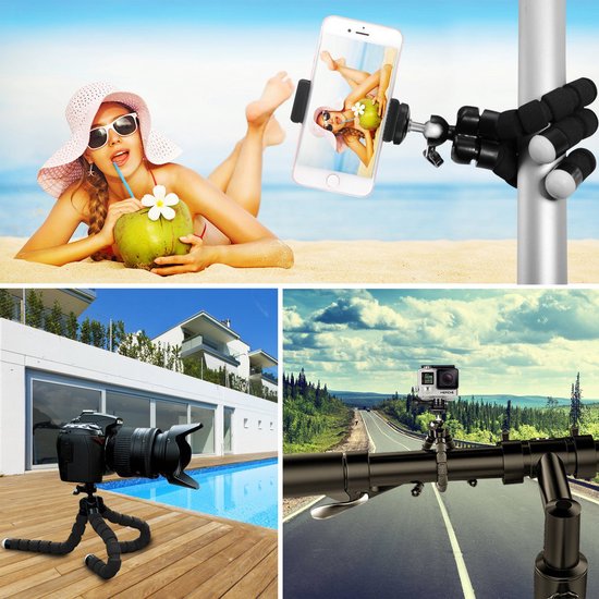 Collage met een vrouw op het strand, een smartphone op een statief, een camera bij een zwembad, en een action cam op een stuur.