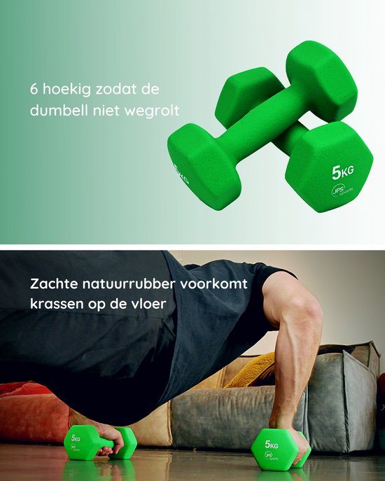 JPS Sports® Dumbells - Gewichten - Dumbells 5kg - Dumbells set 2 x 5 kg - Zeshoekig - Duurzaam - Groen
