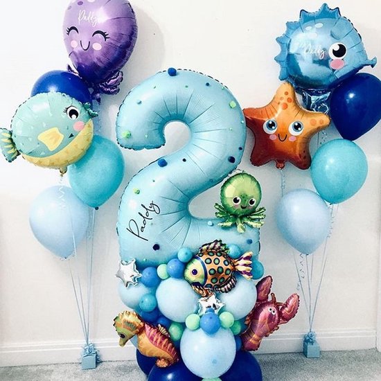 Zee Verjaardag Ballonnen - 2 jaar - 44st - Oceaan Feestpakket - Onder Water Versiering - Zee Thema Feest - Oceaan Versiering - Baby Feest Set Zeedieren - Vis / Zeester / Zeepaardje / Kreeft - Folieballonnen set