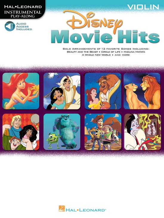 Muziekboek "Disney Movie Hits" met illustraties van Ariel, Jasmine, Belle, Simba, Peter Pan, Sulley, Woody en Cruella.