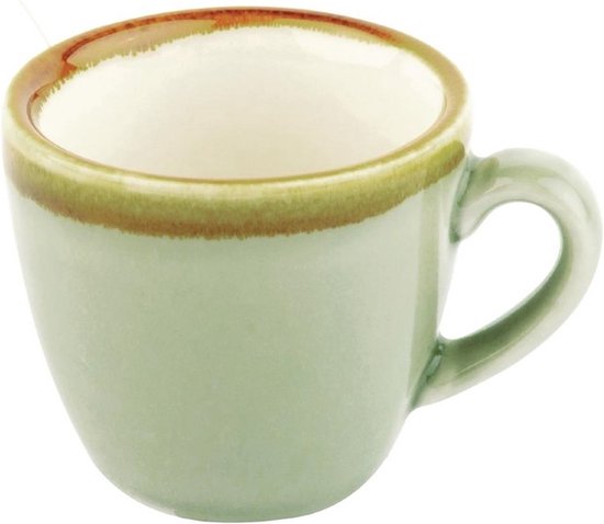 Mosgroene espressokop met verweerde bruine rand.