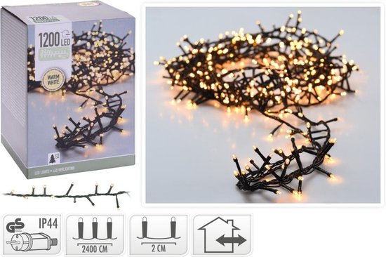 Verpakking en cluster van 1200 warme witte LED-lichtjes aan zwarte draad. Icons tonen IP44, 2400 cm, 2 cm, huis en 8 functies.