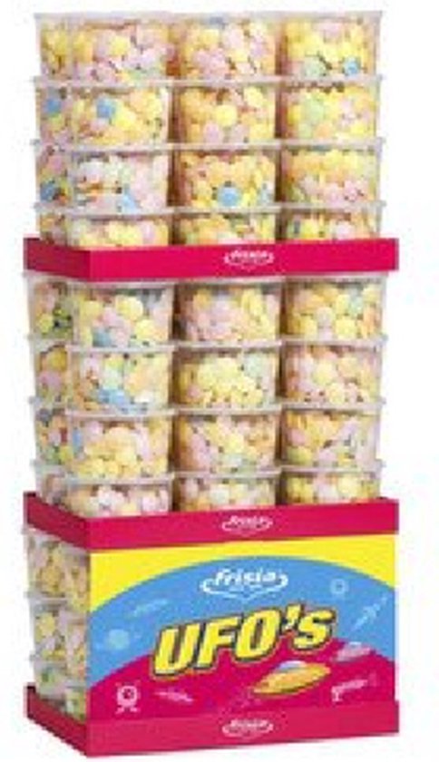 Display met potjes Frisia UFO's, gevuld met kleurrijke schuimpjes.