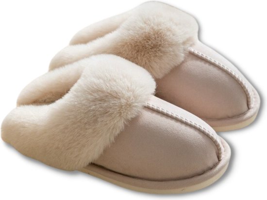 Pantoffels Dames en Heren Fluffy Open Sloffen met Pluche Voering Antislip Zool – Heavency ® - Beige - Maat 36/37