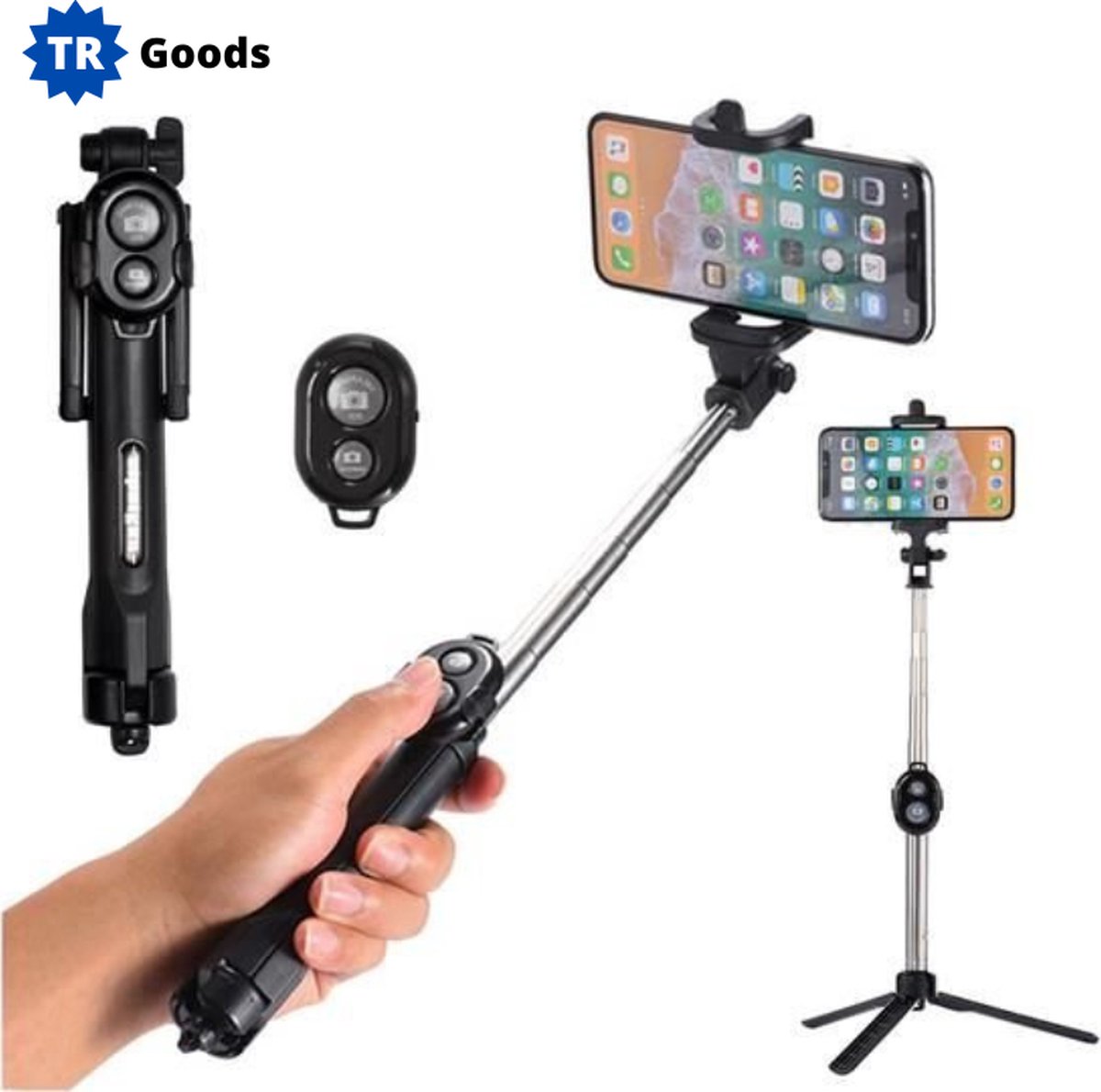 T.R. Goods - 3-in-1 Selfie Stick Tripod Voor Smartphone met Bluetooth Afstandbediening - Monopod - Vlog Statief – Monopod Selfiestick Universeel - Driepoot Statief voor iPhone en Samsung