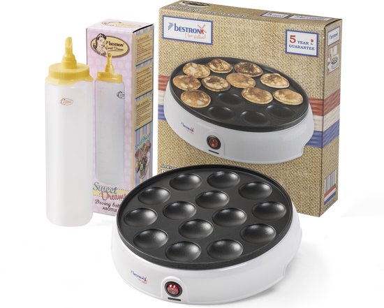 Bestron Poffertjesmaker in retro design, elektrische Poffertjespan + Bestron doseerfles voor 700 ml, met schaalverdeling, cadeu set, kleur: Wit/Geel
