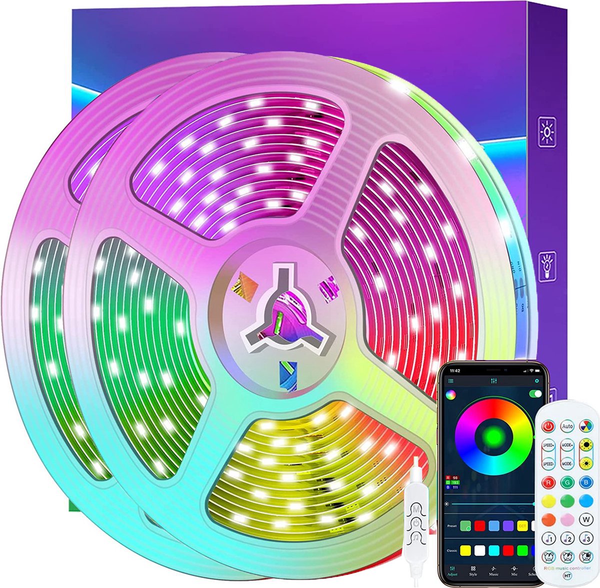 TRANSNECT – LED strip 2 x 5m met Smart App en IR Afstandsbediening – 5050 RGB LED -16 Miljoen Kleur – One Key Muziek Sync - Zelfklevend