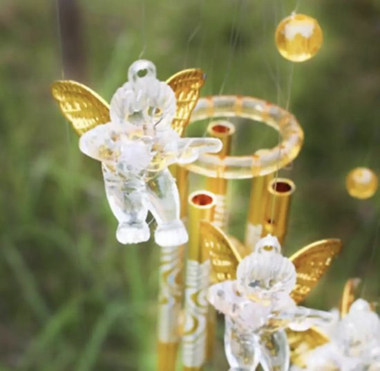 engelen windgong met 11 kleine engeltjes onder elkaar in gouden kleur (Kunststof en aluminium)