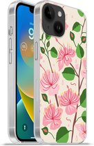Geschikt voorApple Iphone 14 - Softcase hoesje - Bloem - Roze - Blad - Patroon - Siliconen Telefoonhoesje