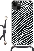 Geschikt voorApple Iphone 14 - Crossbody Case - Dierenprint - Zebra - Zwart - Siliconen - Crossbody - Backcover met Koord - Telefoonhoesje met koord - Hoesje met touw