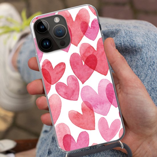 Étui de téléphone adapté à Apple Iphone 14 Pro Max - Une illustration avec des cœurs aquarellés - Siliconen - Bandoulière - Coque arrière avec cordon - Étui de téléphone avec cordon - Étui avec corde