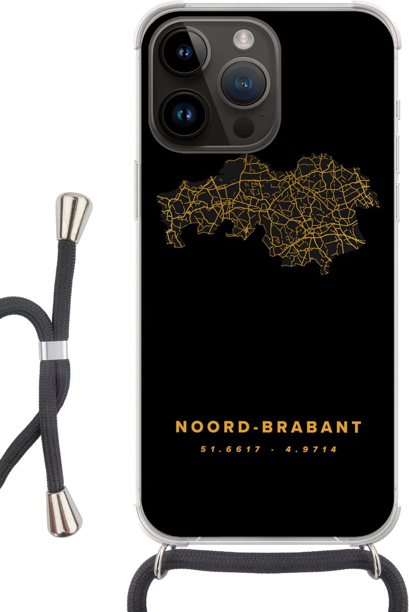 Telefoonhoesje Geschikt voor Apple Iphone 14 Pro - Noord-Brabant - Kaart - Goud - Siliconen - Crossbody - Backcover met Koord - Telefoonhoesje met koord - Hoesje met touw Telefoonhoesje