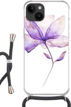 Geschikt voorApple Iphone 14 - Crossbody Case - Bloemen - Waterverf - Paars - Siliconen - Crossbody - Backcover met Koord - Telefoonhoesje met koord - Hoesje met touw