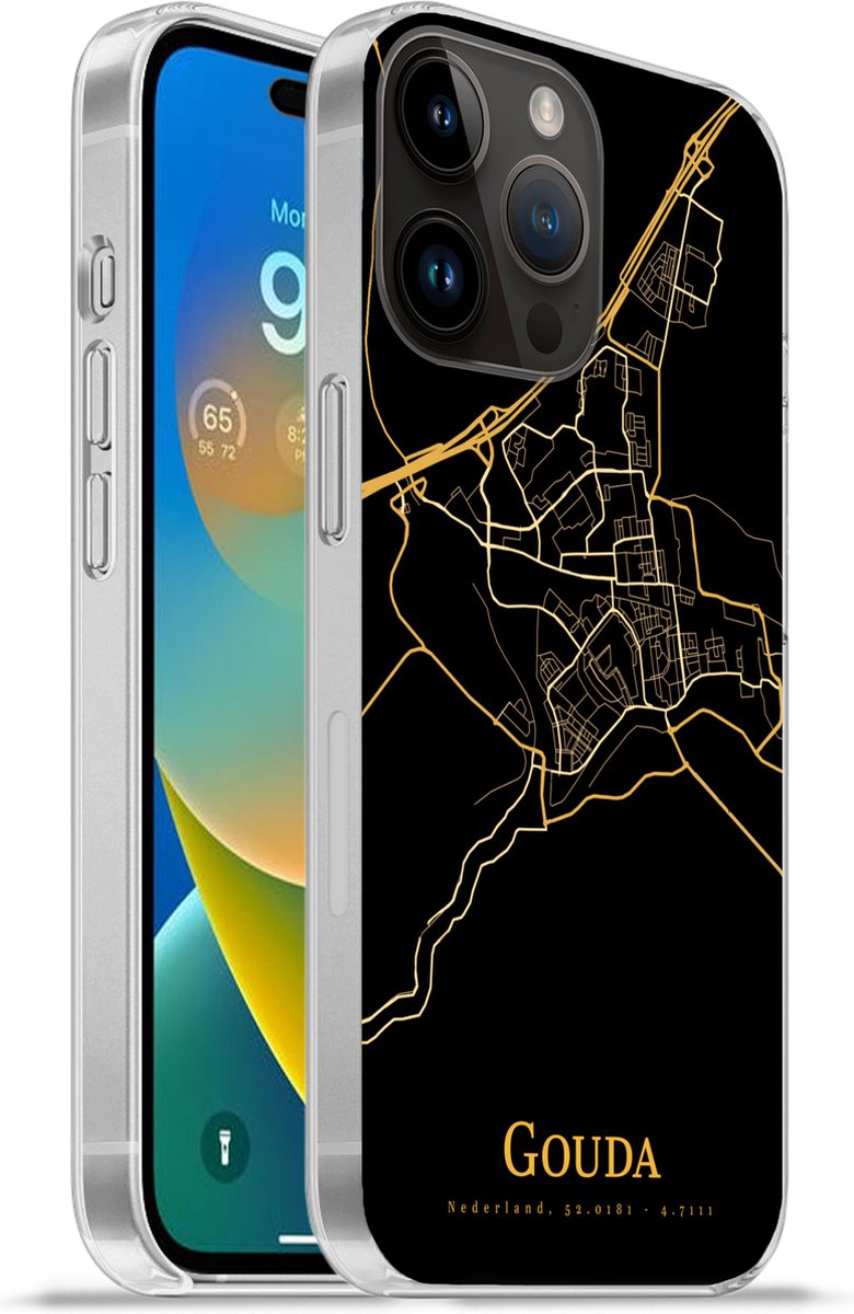 Telefoonhoesje Geschikt voor Apple Iphone 14 Pro hoesje - Gouda - Kaart - Goud - Zwart - Siliconen Telefoonhoesje Telefoonhoesje