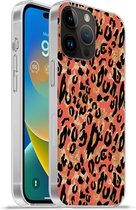 Geschikt voorApple Iphone 14 Pro - Softcase hoesje - Panterprint - Goud - Roze - Siliconen Telefoonhoesje
