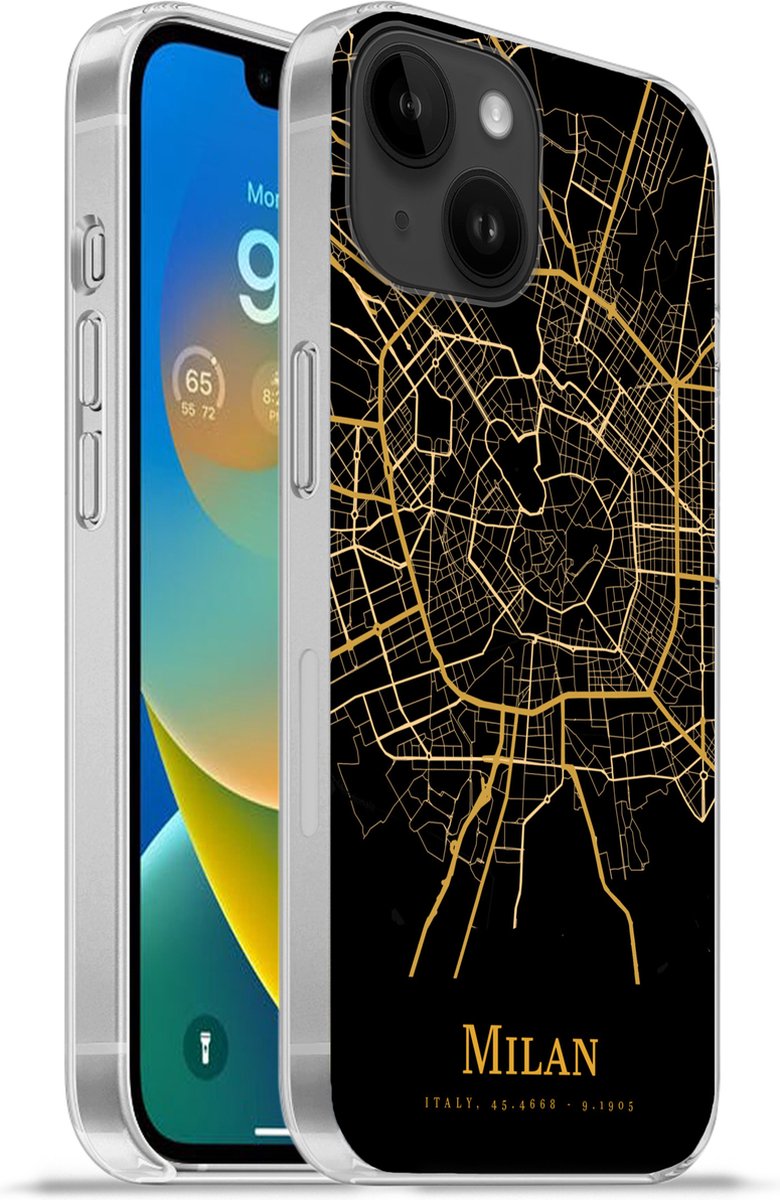 Telefoonhoesje Geschikt voor Apple Iphone 14 hoesje - Milaan - Kaart - Goud - Siliconen Telefoonhoesje Telefoonhoesje