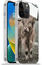Apple iPhone 14 Pro - Étui souple - Highlander écossais - Forêt - Brouillard - Vache - Animaux - Nature - Étui de téléphone en Siliconen