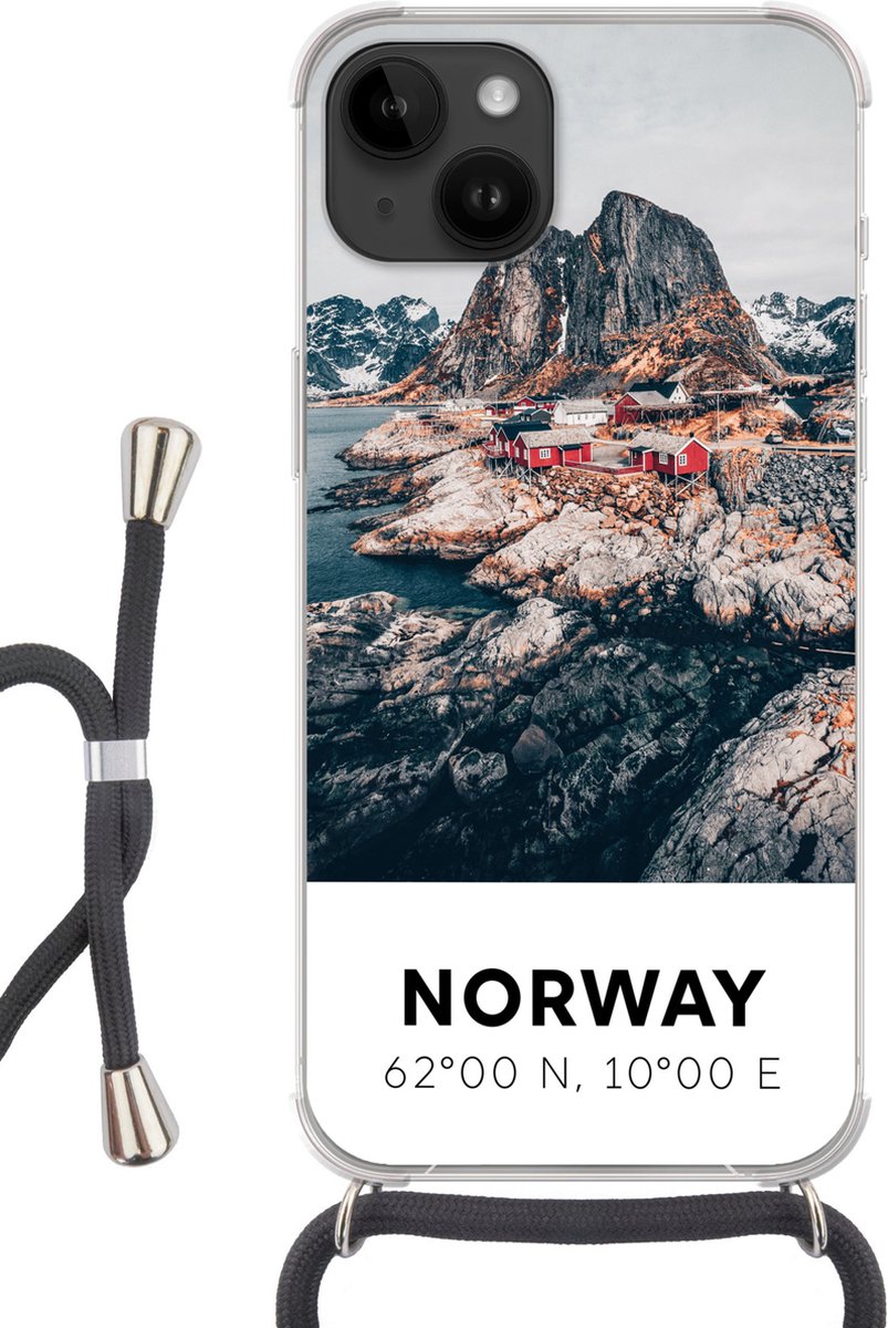 Telefoonhoesje Geschikt voor Apple Iphone 14 - Noorwegen - Water - Bergen - Siliconen - Crossbody - Backcover met Koord - Telefoonhoesje met koord - Hoesje met touw Telefoonhoesje