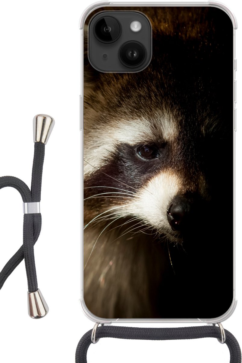 Telefoonhoesje Geschikt voor Apple Iphone 14 - Wasbeer - Wilde dieren - Zwart - Siliconen - Crossbody - Backcover met Koord - Telefoonhoesje met koord - Hoesje met touw Telefoonhoesje