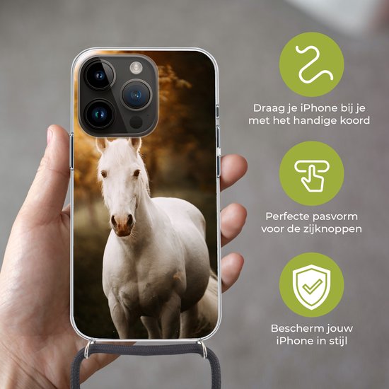 Étui de téléphone adapté à Apple iPhone 14 Pro - Cheval - Lumière - Soleil - Siliconen - Bandoulière - Coque arrière avec cordon - Étui de téléphone avec cordon - Étui avec corde Étui de téléphone