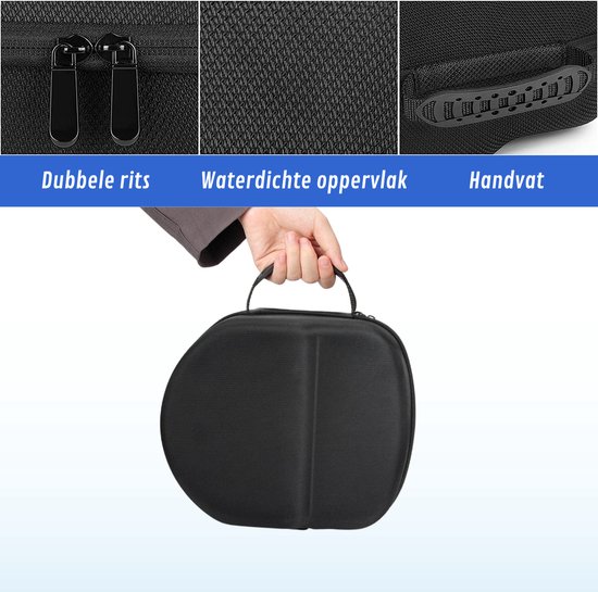 Zwarte draagtas met dubbele rits, waterdicht oppervlak en handvat, gedragen door een hand.