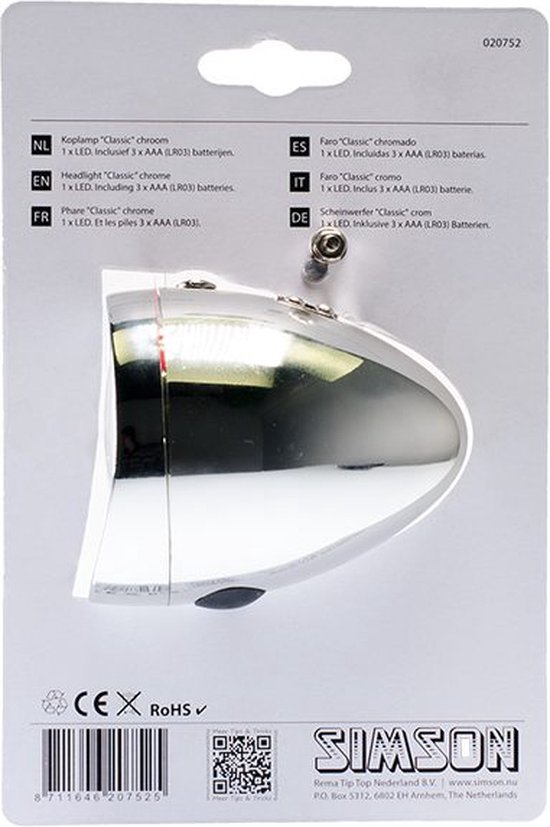 Simson Klassieke LED-fietskoplamp - Chroom - Inclusief AAA-batterijen - Traditioneel ontwerp - Zilver/chroom behuizing — afbeelding 4
