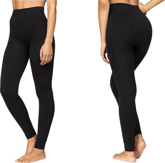 Zij- en achterzicht van een zwarte, naadloze legging.