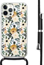 Hoesje met koord - Geschikt voor iPhone 12 Pro Max - Lovely flowers - Verstelbaar zwart koord - Transparant, Geel - Bloemen - Leuke Telefoonhoesjes