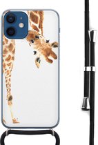 Hoesje met koord - Geschikt voor iPhone 12 Mini - Giraffe - Verstelbaar zwart koord - Bruin, Transparant - Giraffe - Leuke Telefoonhoesjes