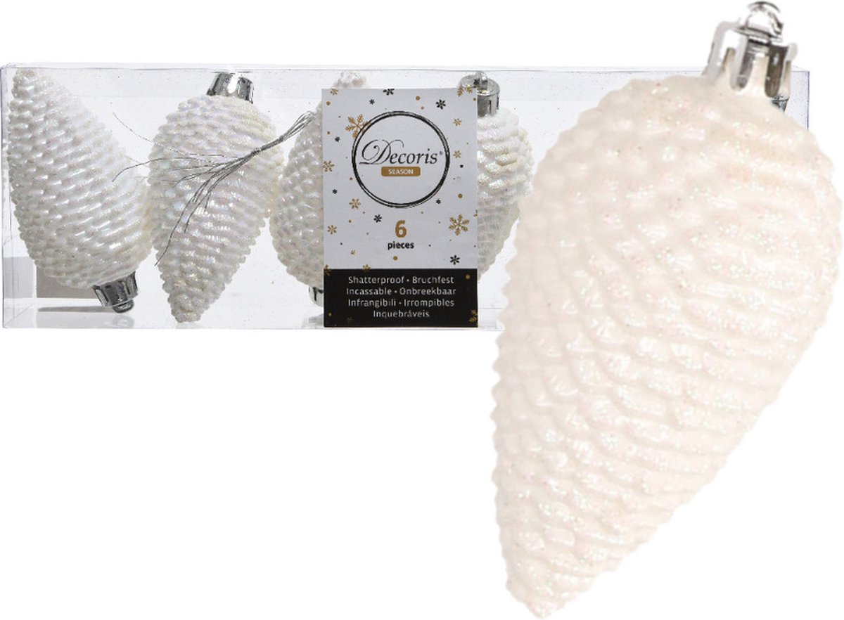 Decoris Kerstboom decoratie kerstbal dennenappels wit 6 stuks Parelmoer