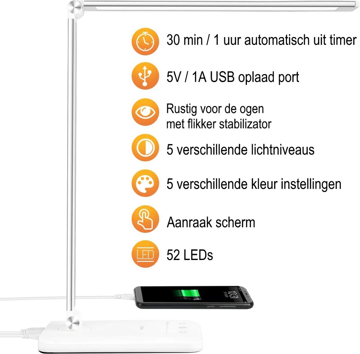 Ortho® - Bureaulamp - Bedlamp - Leeslamp - Nachtlamp - LED - Kleur licht, van Warm Wit tot Daglicht - Dimbaar - Qi draadloos opladen - USB oplaadpoort - Zilverkleurig thumbnail 4