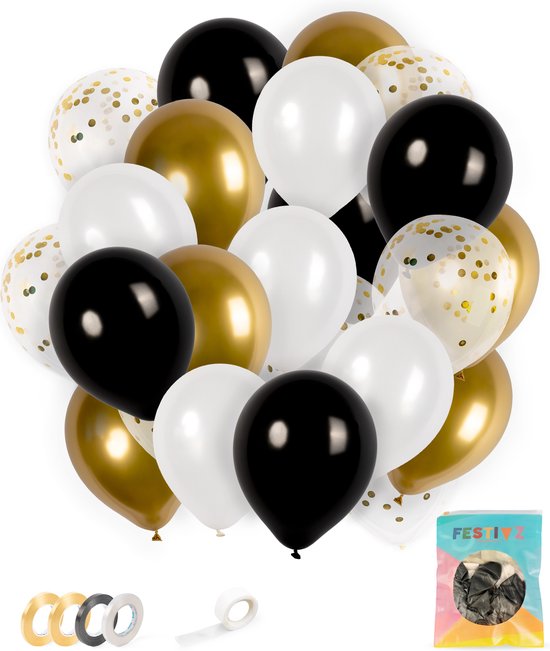 Festivz 40 stuks Goud Zwarte Ballonnen met Lint – Decoratie – Feestversiering - Papieren Confetti – Gold - Black - Gold Latex - Black Latex - Verjaardag - Bruiloft - Feest - Nieuwjaar - 2023 - Happy New Year - Gelukkig Nieuwjaar - Nieuwjaarsfeest
