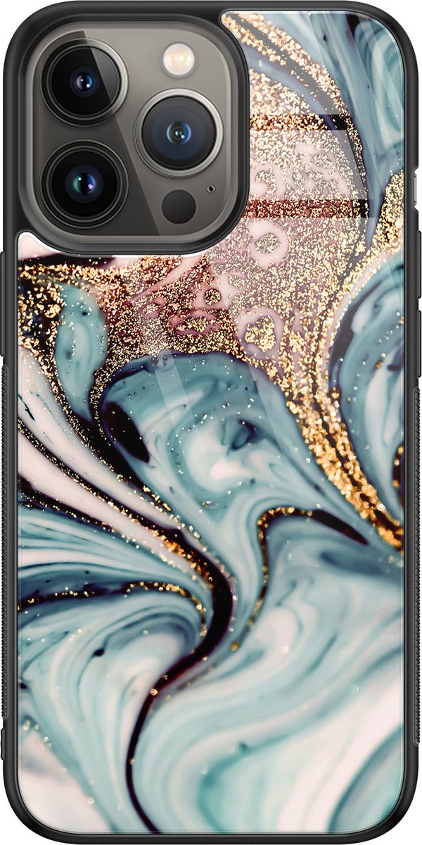 Hoesje geschikt voor iPhone 13 Pro - Marmer blauw goud - Luxe Glazen Hardcase - Marmer - Blauw - Leuke Telefoonhoesjes