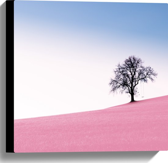 WallClassics - Canvas  - Boom op Roze Heuvel - 40x40 cm Foto op Canvas Schilderij (Wanddecoratie op Canvas)