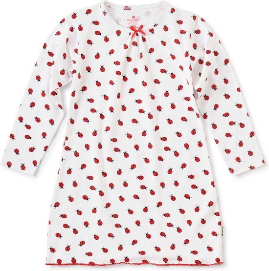Little Label Pyjama Meisjes Maat 134-140/10Y - wit, rood - Lieveheersbeestjes - Nachthemd - Slaapshirt - Zachte BIO Katoen
