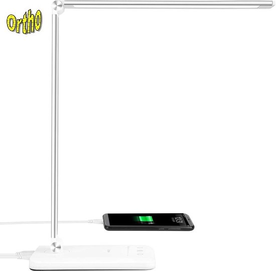 Ortho® - Bureaulamp - Bedlamp - Leeslamp - Nachtlamp - LED - Kleur licht, van Warm Wit tot Daglicht - Dimbaar - met USB oplaadpoort - Zilverkleurig