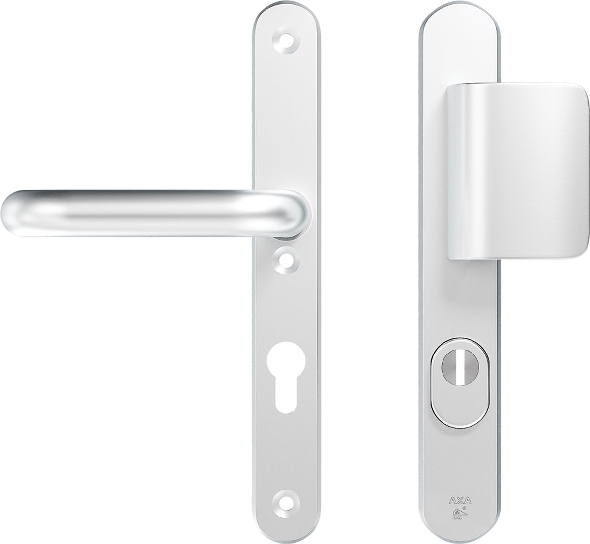 AXA Veiligheidsbeslag (Oval Plus) Smal Aluminium glad: Duwer-Kruk (model D-duwer/U) PC72 met kerntrekbeveiliging SKG***