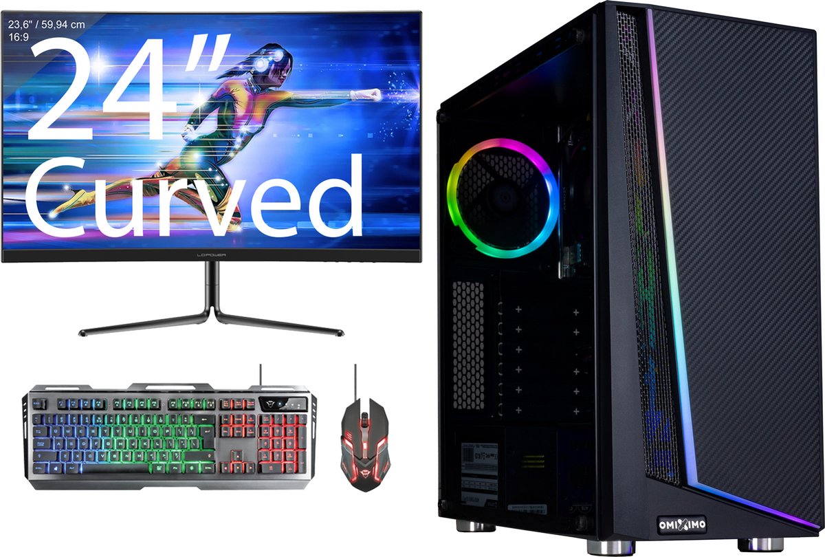 omiXimo - Game PC Ryzen 5 3600 4,2 Ghz, 16 GB DDR4 werkgeheugen, GTX 1050, 240GB SSD schijf en 1 TB HDD 24" Curved Gaming Set - LC710