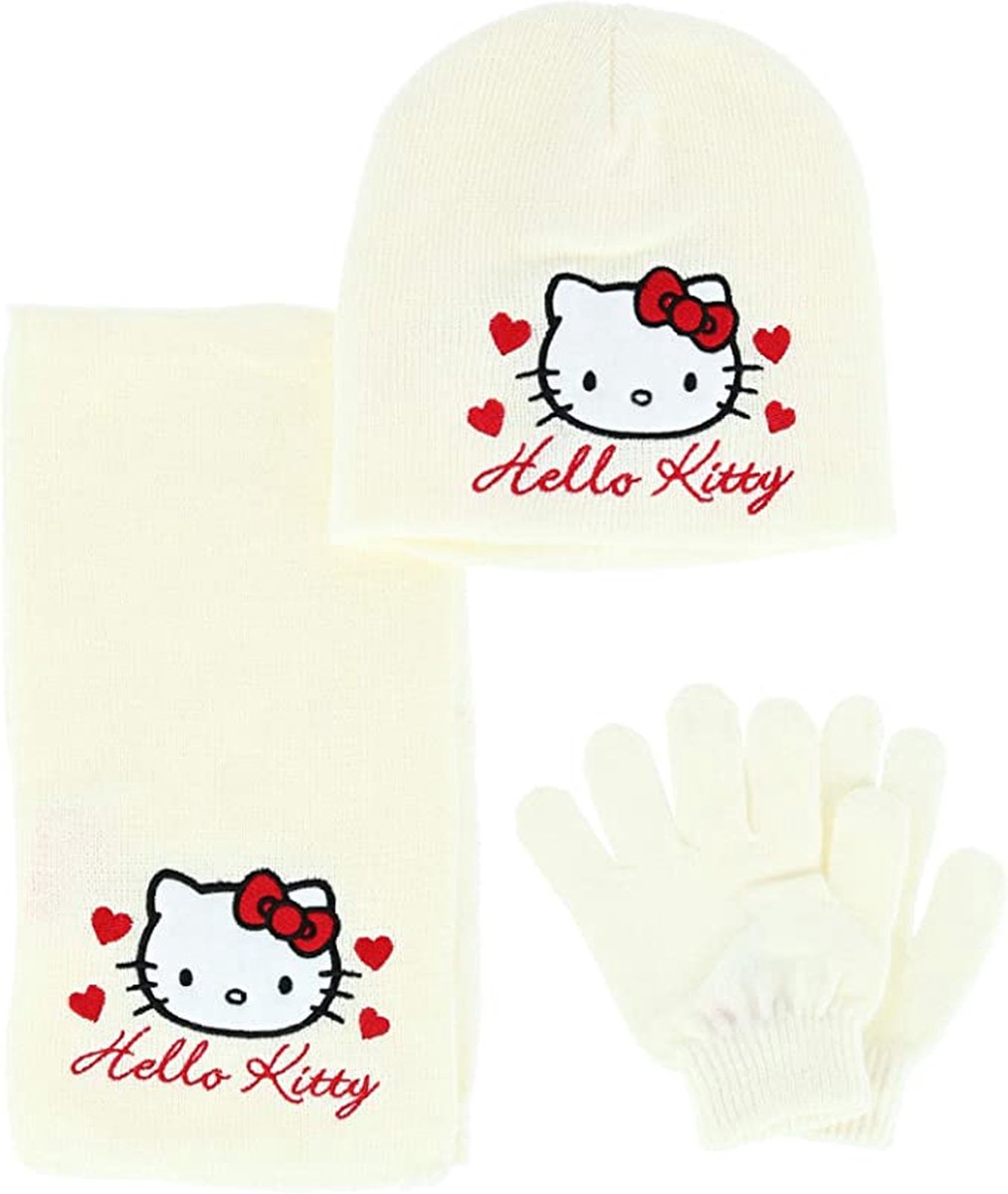Hello Kitty | Winterset | 3-delig | Muts, Sjaal & Handschoenen | Wit | 54 cm