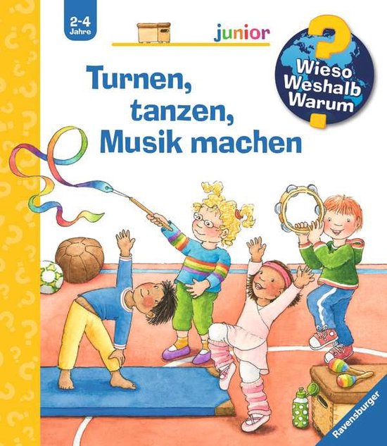 Kinderen doen aan gymnastiek, dansen en muziek maken met ballen en linten.
