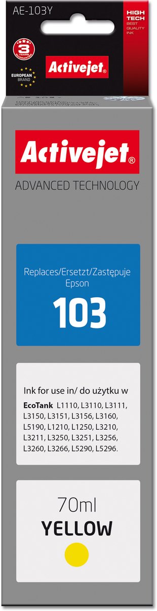 Activejet AE-103Y inkt (vervangt Epson 103 C13T00S44A; Supreme; 70 ml; geel)