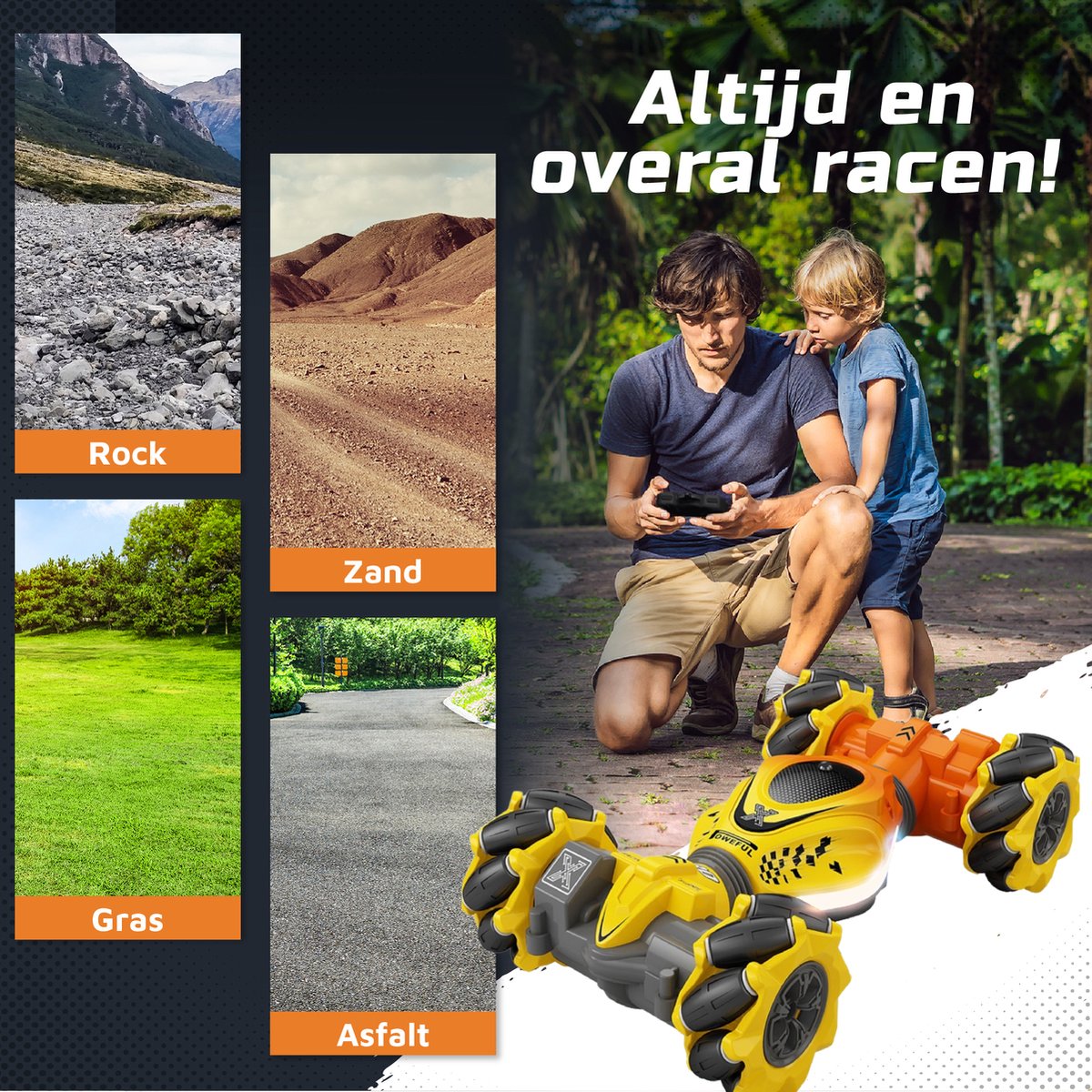 Huntex RC Stunt Car - Inclusief Extra Accu en batterijen - Radiografisch Bestuurbare Auto - Offroad - Transformerende Auto - Volwassenen en Kind - Geel/Oranje - 4wd Twist — afbeelding 6