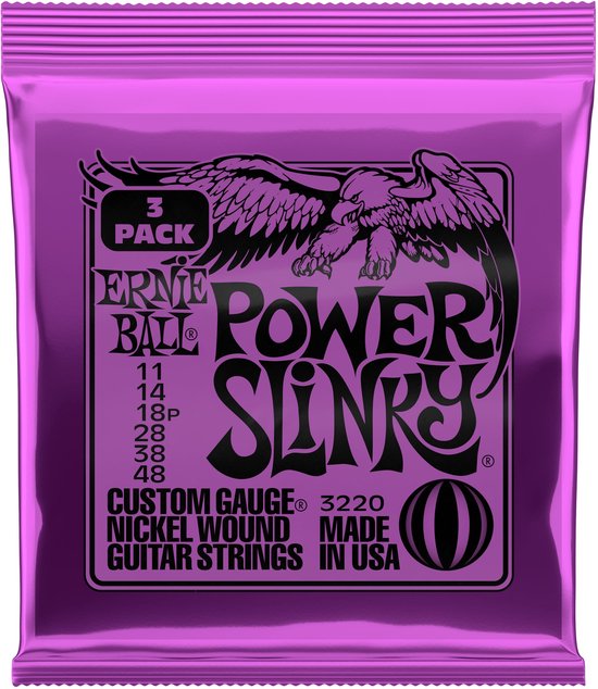 Paars Ernie Ball Power Slinky pack met een adelaar die een pijl vasthoudt. "3 PACK ERNIE BALL POWER SLINKY CUSTOM GAUGE NICKEL WOUND GUITAR STRINGS MADE IN USA 3220"