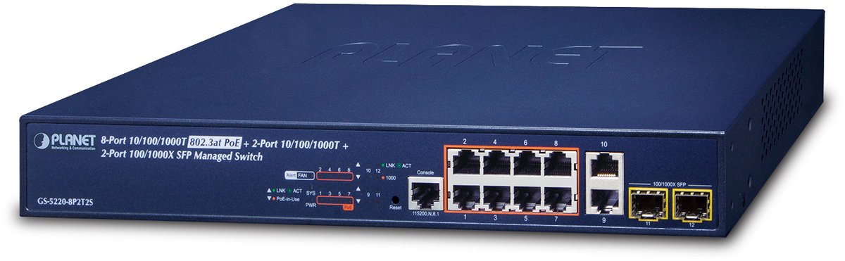 PLANET GS-5220-8P2T2S netwerk-switch Managed L2+ Gigabit Ethernet (10/100/1000) Power over Ethernet (PoE) 1U Blauw