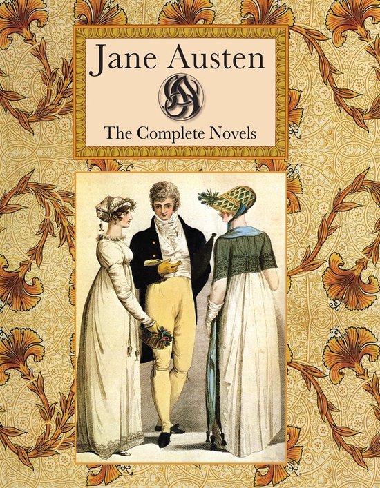Couverture de livre : Jane Austen Les Romans Complets avec illustration de trois personnes en tenue historique.