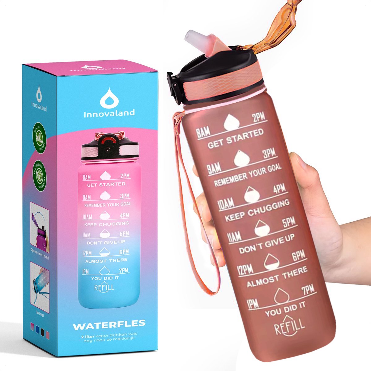 Innovaland Motivatie Waterfles Dark Pink - 1 Liter Drinkfles - Waterfles met Rietje - Waterfles met tijdmarkering - BPA Vrij - Volwassenen - Kinderen